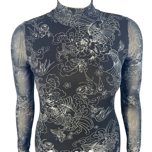 Forever 21 Bodycon Dress Womens M Asian Print Stretch Long Sleeve Mesh Mock Neck - Picture 2 of 14